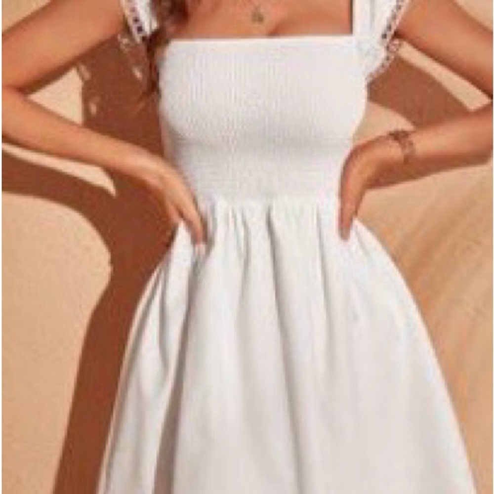 SHEIN Eyelet Trim White Small Smocked Top Flutter Sleeve Mini Dress